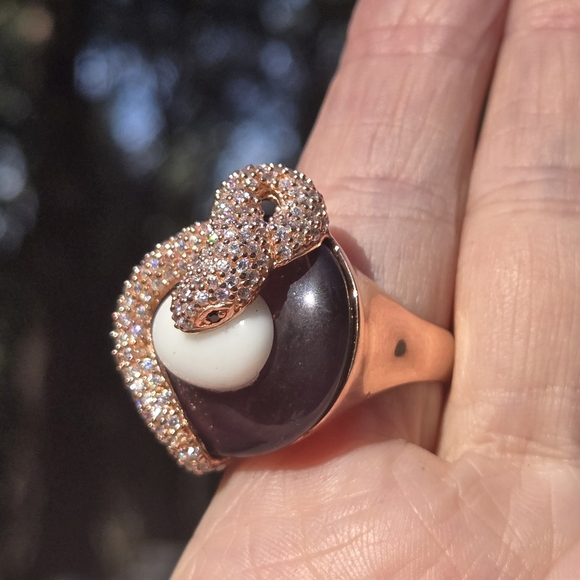 White Sapphire Black Onyx Blown Glass Sterling & Gold Snake Statement Ring Sz8.7 - Picture 5 of 13